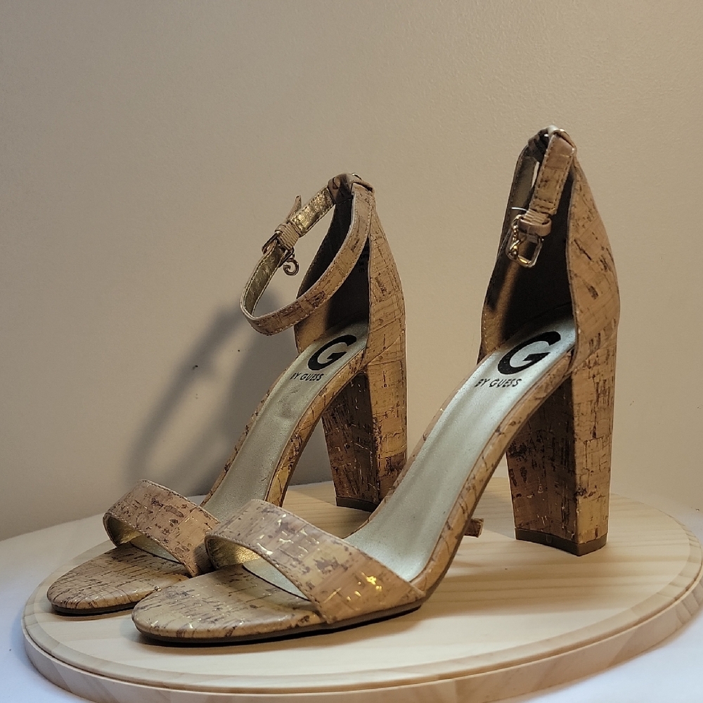 Guess Cork Tan Block Heel Sandals